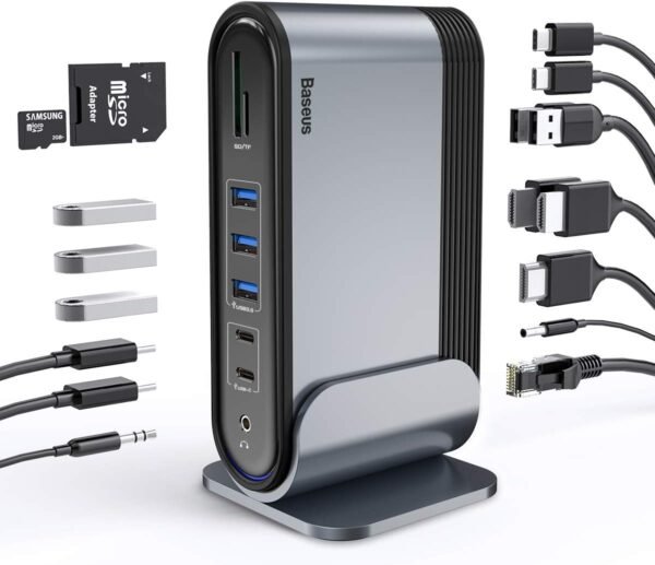 Baseus 17-in-1 USB C Docking Station to Cast on 3 Monitors with 100W PD USB-C Port, 4K HDMI*3, USB 3.0 * 5, LAN, SD/TF Cards Reader, Audio Port for Windows, Mac Laptop