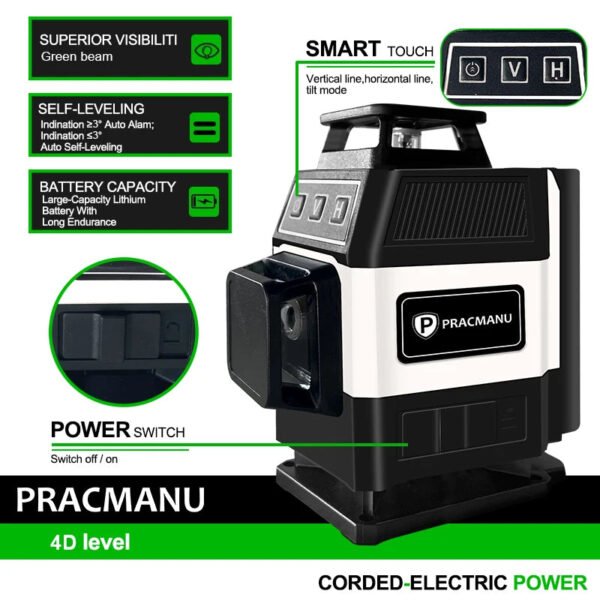 Pracmanu Mini 16 Lines 4D Laser Level Green Lines Self-Leveling Horizontal and Vertical Powerful Green Beams Laser Level - Image 2