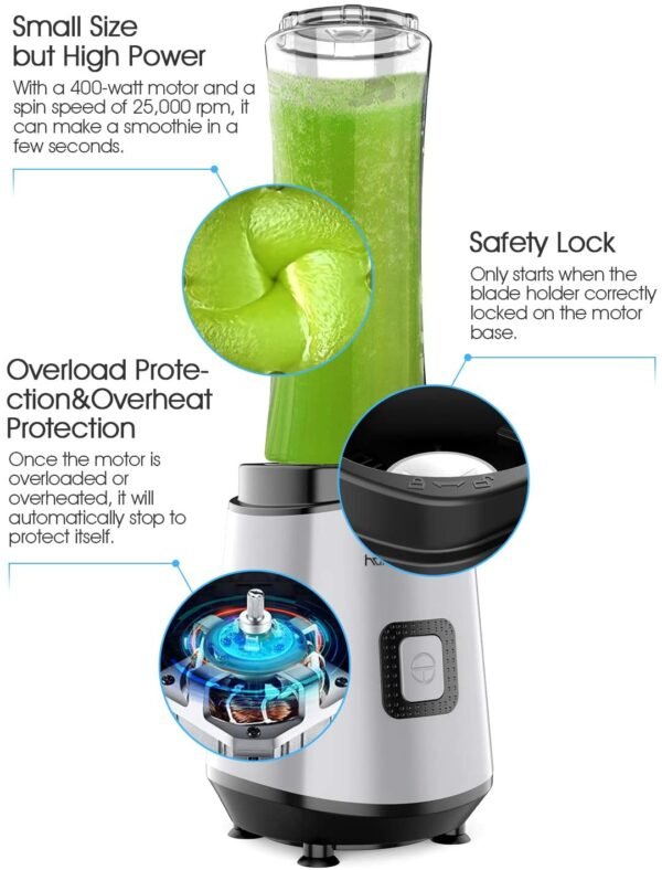 homgeek Personal Mini Blender Smoothie Maker, Portable Juicer Cup, Electric Power Mixer for Fruit and Vegetable,with Travel Lid and 2 Tritan Travel Sport Bottle 600ml/20oz - Image 2