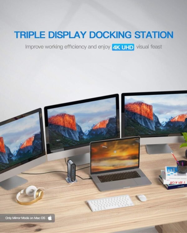 Baseus 17-in-1 USB C Docking Station to Cast on 3 Monitors with 100W PD USB-C Port, 4K HDMI*3, USB 3.0 * 5, LAN, SD/TF Cards Reader, Audio Port for Windows, Mac Laptop - Image 2