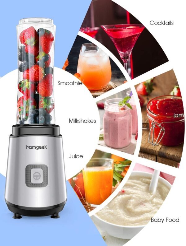 homgeek Personal Mini Blender Smoothie Maker, Portable Juicer Cup, Electric Power Mixer for Fruit and Vegetable,with Travel Lid and 2 Tritan Travel Sport Bottle 600ml/20oz - Image 4