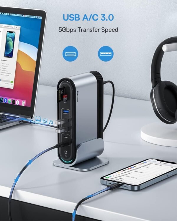 Baseus 17-in-1 USB C Docking Station to Cast on 3 Monitors with 100W PD USB-C Port, 4K HDMI*3, USB 3.0 * 5, LAN, SD/TF Cards Reader, Audio Port for Windows, Mac Laptop - Image 4