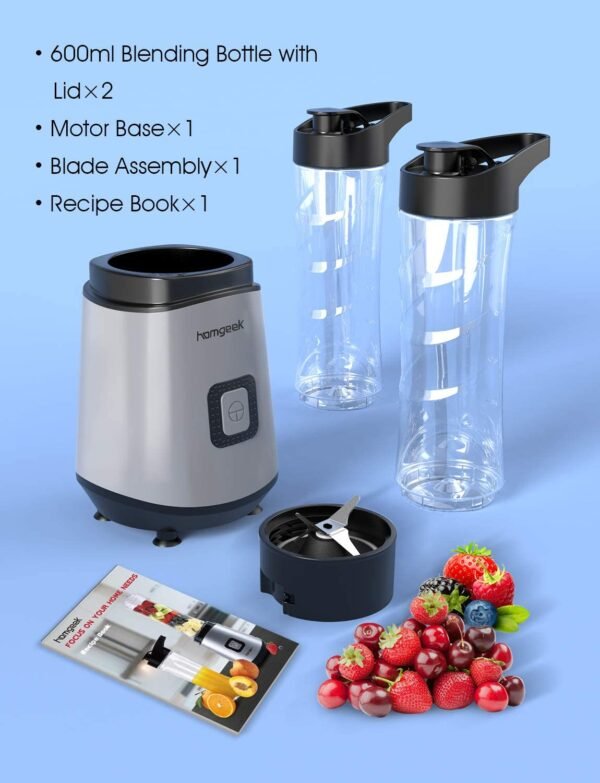 homgeek Personal Mini Blender Smoothie Maker, Portable Juicer Cup, Electric Power Mixer for Fruit and Vegetable,with Travel Lid and 2 Tritan Travel Sport Bottle 600ml/20oz - Image 6