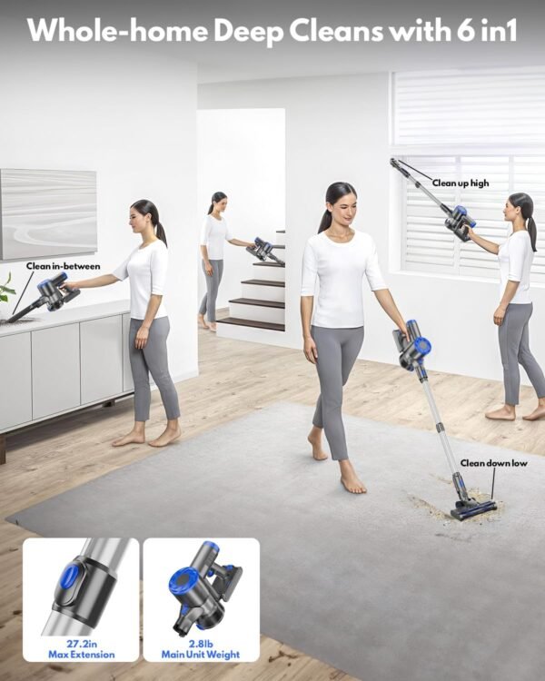 Cordless Vacuum Cleaner, 180W Power Suction Stick Vacuum Cleaners with 2200 mAh Battery,6-in-1 Lightweight Self-Standing, 35 Mins Runtime for Home Hard Floor Low-Pile Carpet Pet Hair - Image 7